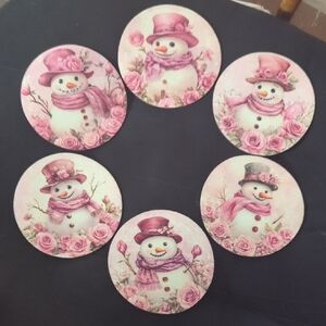 Snowman Coasters Rubber Set Of 6 Pink